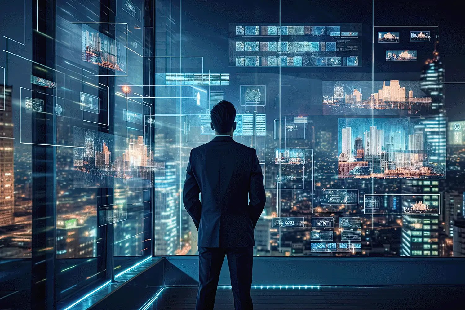 man looking at of office at night lights with visualisation of screens overlay